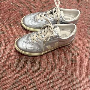 Veja Metallic Silver and Cream Sneakers